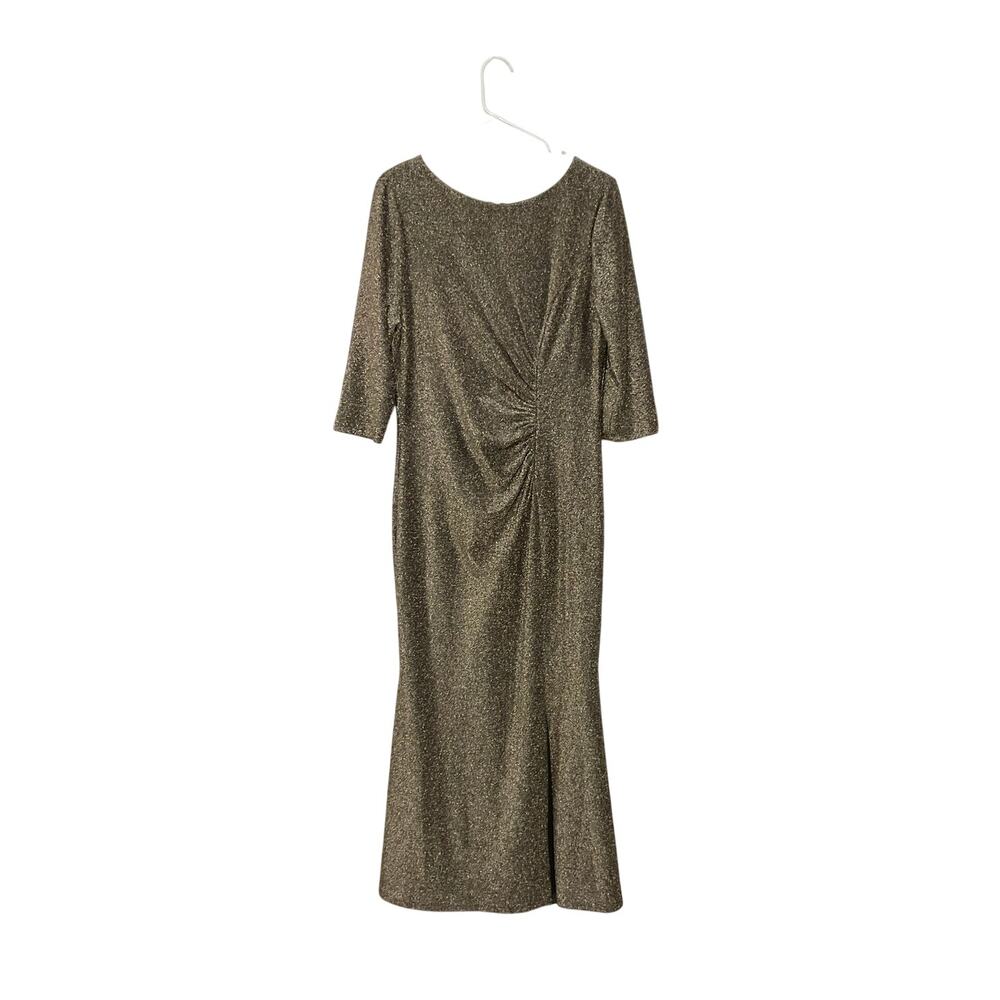 Ignite Evenings Gold Metallic Side Ruched Maxi Dress Size 16P X-Large Stretch